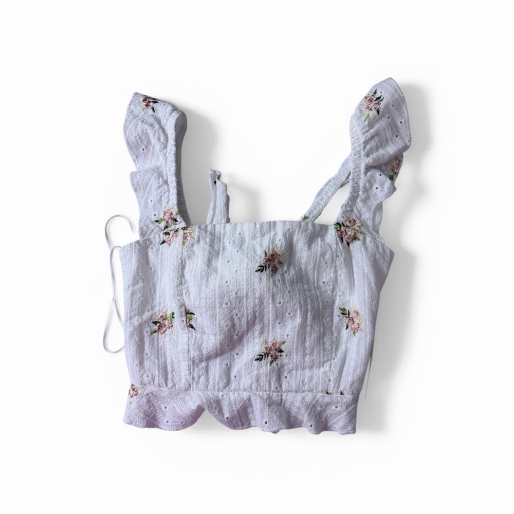 Floral Eyelet Square-Neck Crop Top in White with Pink Blooms And Open Back